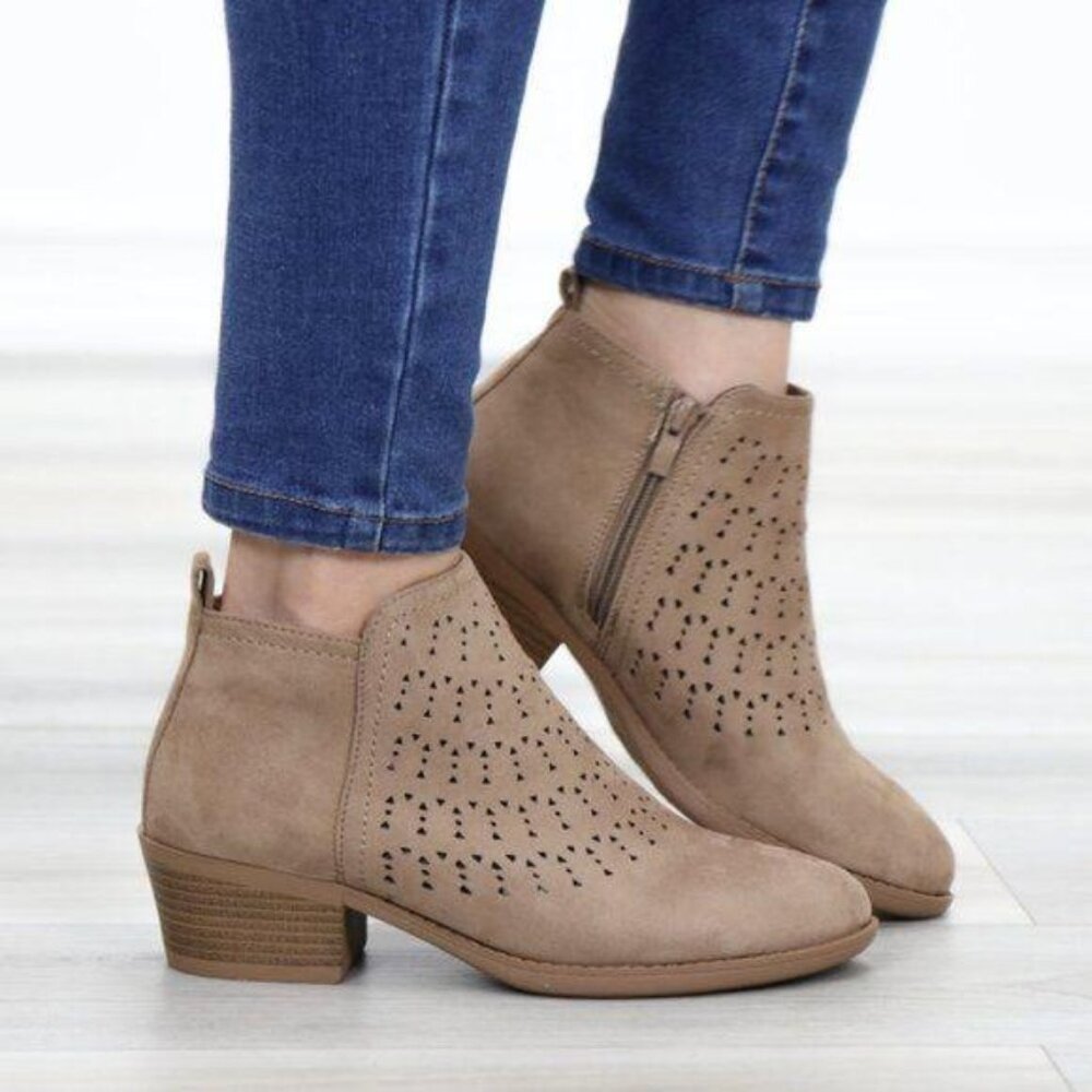 Ankle Boots Flat Heel Rounded Toe Modern Laser Cut Design Taupe Suede Zipper